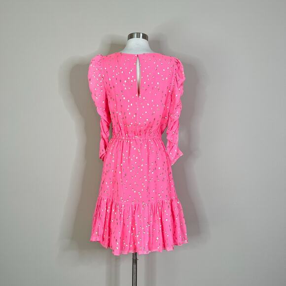 Lilly Pulitzer | Silk Chianna Coral Sands Pink Gold Polka Dot Puff Sleeve Dress - Picture 7 of 10